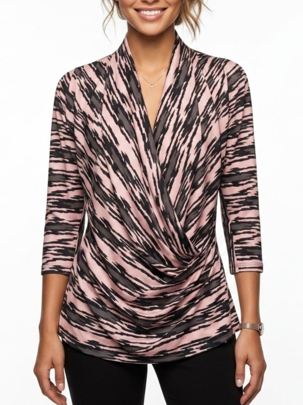 ECI New York Whimsigoth Abstract Zebra Print Draped Cowl Neck Blouse Pink Black